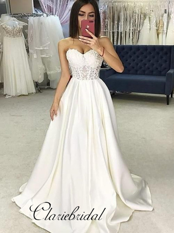 Strapless A-line Satin Bridal Wedding Dresses, Lace Modest Wedding Dresses