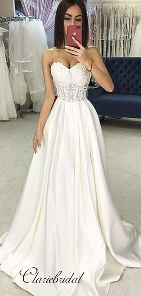 Strapless A-line Satin Bridal Wedding Dresses, Lace Modest Wedding Dresses