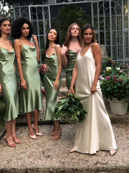 Spaghetti Popular Green Elastic Satin Bridesmaid Dresses, Midi Length Bridesmaid Dresses, Newest Cheap Bridesmaid Dresses