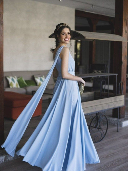 One Shoulder Pale Blue Chiffon Prom Dresses, A-line Prom Dresses, Simple Prom Dresses, Popular Prom Dresses