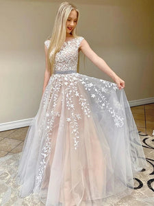Round Neck Long A-line Lace Tulle Prom Dresses, Beaded Wasit Prom Dresses, Popular 2020 Prom Dresses