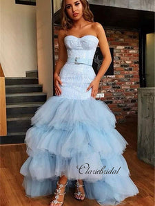 Strapless Mermaid Fluffy Prom Dresses, Cute Long Prom Dresses