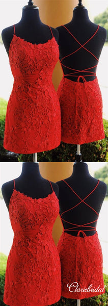 Spaghetti Short Lace Mermaid Short Prom Dresses, Popular Homecoming Dresses