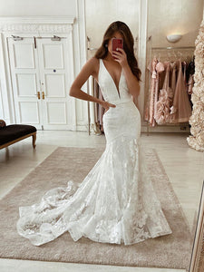 Deep V-neck Lace Wedding Dresses, Fancy Popular Mermaid Wedding Dresses