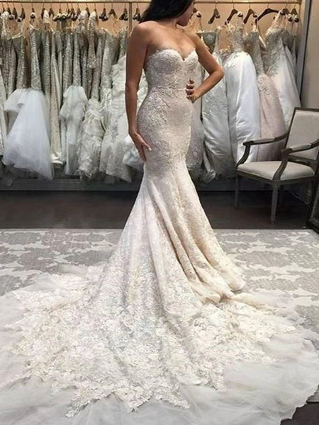 Sweetheart Strapless Long Wedding Dresses, 2020 Popular Lace Mermaid Wedding Dresses