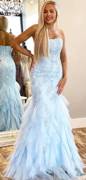 Popular Lace Prom Dresses, Mermaid Long Prom Dresses, Blue Evening Party Dresses