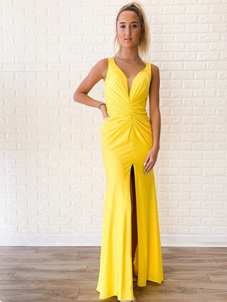 Yellow Color Newest Long Prom Dresses, Side Slit Popular 2020 Prom Dresses