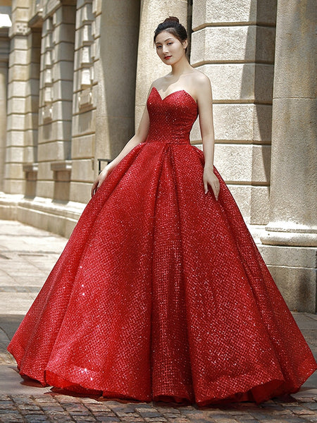 Strapless Sweetheart A-line Sequins Long Prom Dresses, Red Color Popular Bridal Gowns, Wedding Dresses