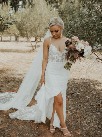 Simple Spaghetti Strap Tulle Lace Slit Wedding Dresses, V-back Lace Wedding Dresses
