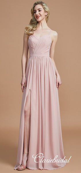 Spaghetti Long A-line Blush Pink Side Slit Chiffon Bridesmaid Dresses