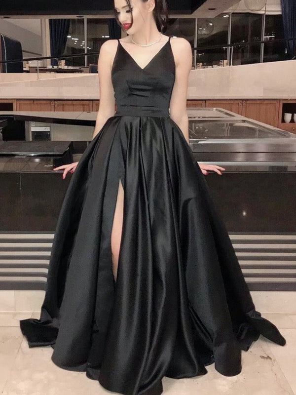 Spaghetti Straps Simple Long Prom Dresses, A-line High Slit Prom Dresses 2020
