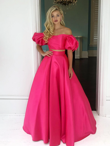 2 Pieces A-line Satin Long Prom Dresses, Off Shoulder 2021 Long Party Prom Dresses