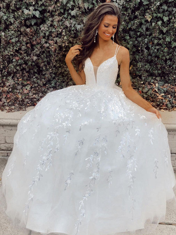 White Color Spaghetti Straps A-line Long Prom Dresses, Lace Popular Wedding Dresses