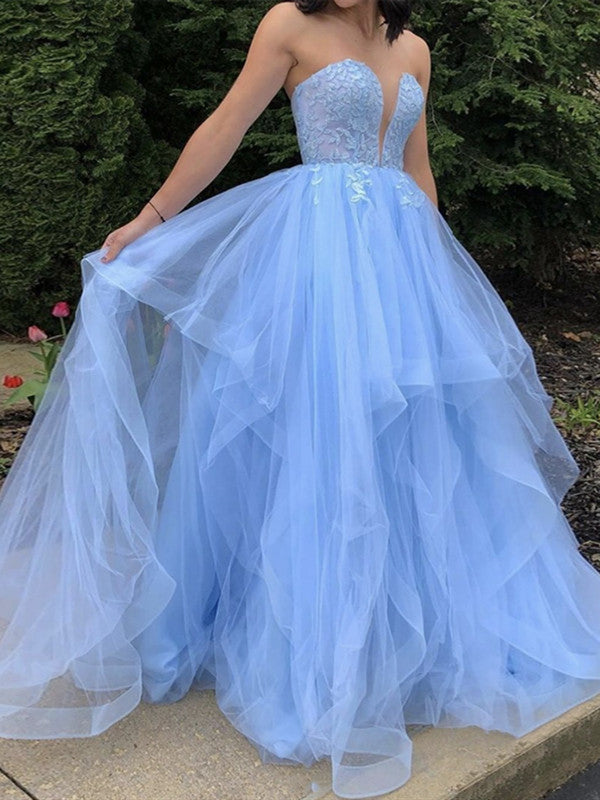 A-line Fluffy Sky Blue Lace Fashion Prom Dresses, Strapless Tulle Lace 2021 Prom Dresses