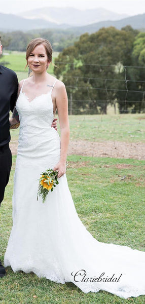 Spaghetti Straps Backless Wedding Dresses, Popular Lace Wedding Dresses