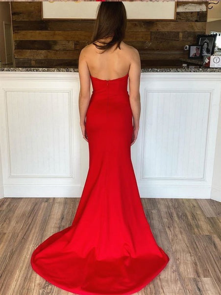 Red Mermaid Prom Dresses with Leg Slit, Strapless graduation Long Prom Dresses