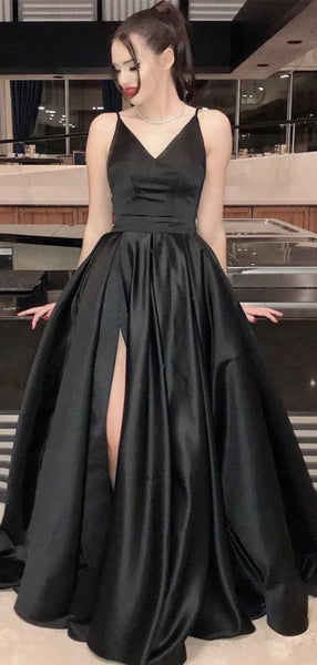 Spaghetti Straps Simple Long Prom Dresses, A-line High Slit Prom Dresses 2020