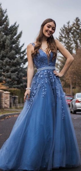 V-neck Beaded Long Prom Dresses, Popular Lace Prom Dresses, 2020 Elegant Prom Dresses