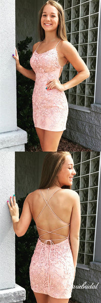 Spaghetti Short Lace Mermaid Short Prom Dresses, Popular Homecoming Dresses