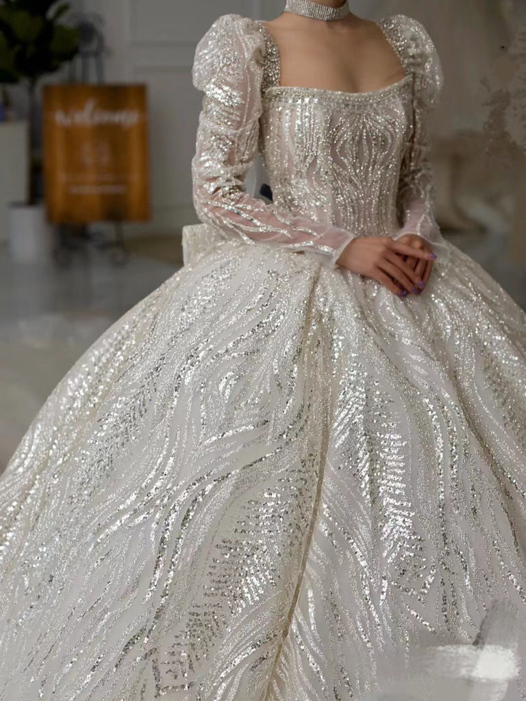 Long Sleeves Luxury Bling Wedding Dresses, Shiny A-line Quality Bridal ClaireBridal Long Sleeves Luxury Bling Wedding Dresses, Shiny A-line Quality Bridal ClaireBridal