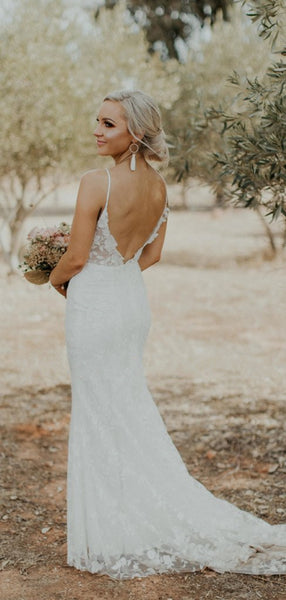 Simple Spaghetti Strap Tulle Lace Slit Wedding Dresses, V-back Lace Wedding Dresses