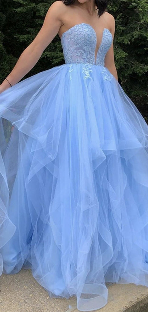 A-line Fluffy Sky Blue Lace Fashion Prom Dresses, Strapless Tulle Lace – ClaireBridal