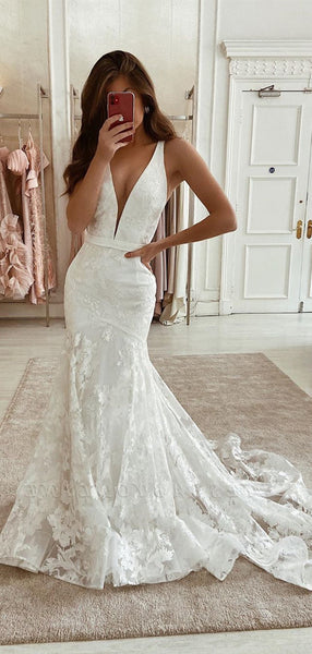 Deep V-neck Lace Wedding Dresses, Fancy Popular Mermaid Wedding Dresses