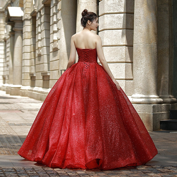 Strapless Sweetheart A-line Sequins Long Prom Dresses, Red Color Popular Bridal Gowns, Wedding Dresses