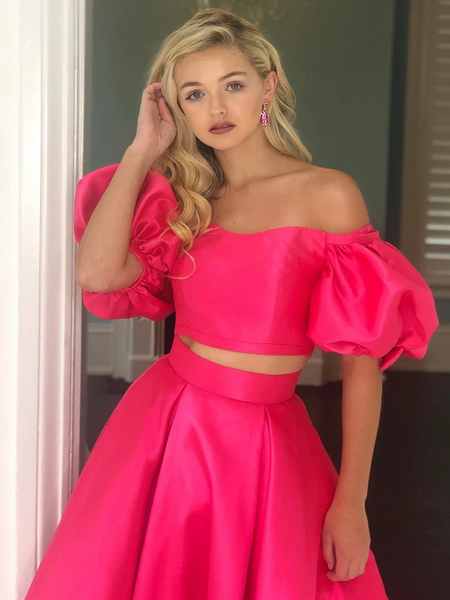 2 Pieces A-line Satin Long Prom Dresses, Off Shoulder 2021 Long Party Prom Dresses