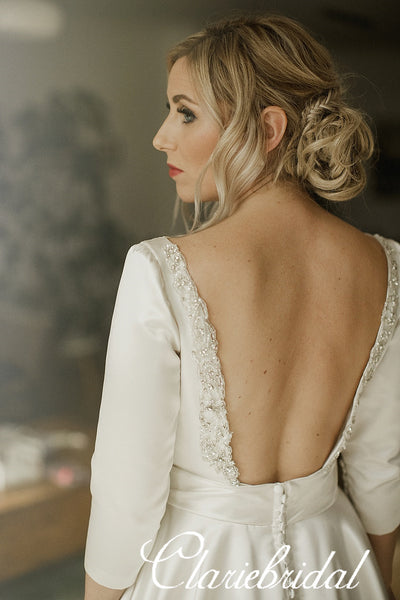 Backless Long Sleeves Ivory Satin Beaded A-line Wedding Dresses