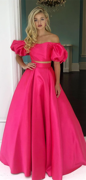 2 Pieces A-line Satin Long Prom Dresses, Off Shoulder 2021 Long Party Prom Dresses