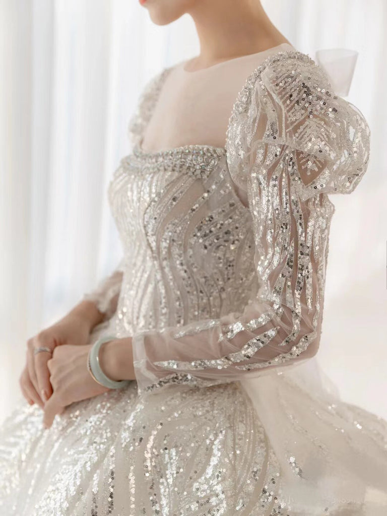 Long Sleeves Luxury Bling Wedding Dresses, Shiny A-line Quality Bridal ClaireBridal Long Sleeves Luxury Bling Wedding Dresses, Shiny A-line Quality Bridal ClaireBridal