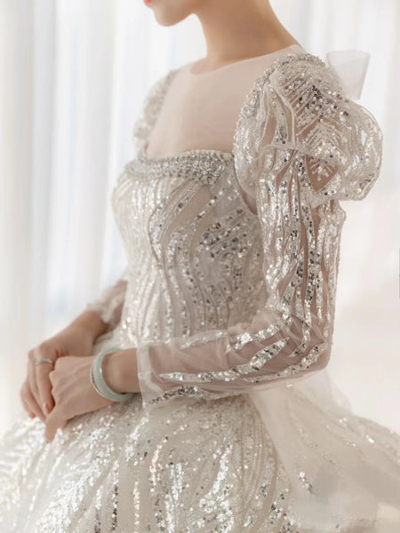 Long Sleeves Luxury Bling Wedding Dresses, Shiny A-line Quality Bridal Gowns