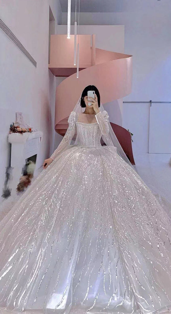 Long Sleeves Luxury Bling Wedding Dresses, Shiny A-line Quality Bridal ClaireBridal Long Sleeves Luxury Bling Wedding Dresses, Shiny A-line Quality Bridal ClaireBridal