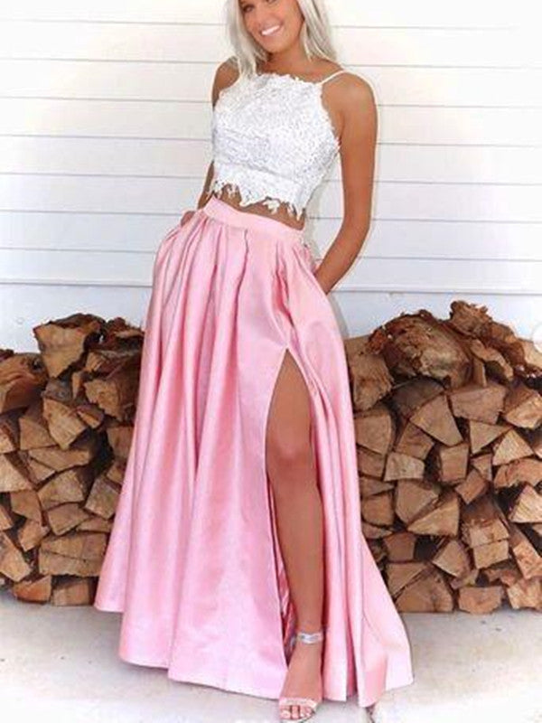 Two Pieces Lace Long Prom Dresses, A-line Satin Newest Prom Dresses