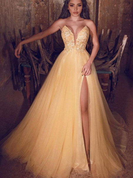 High Side Slit Tulle 2020 Prom Dresses, Lace Strapless Long Prom Dresses