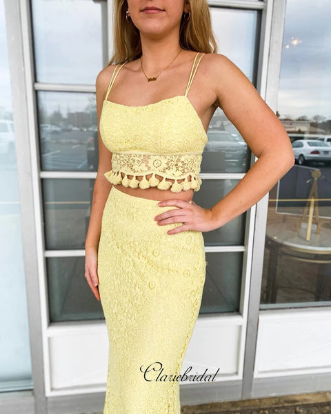 Two Pieces Mermaid Long Prom Dresses, Lace Prom Dresses