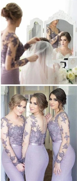 Long Sleeves Lace Bridesmaid Dresses, Mermaid Wedding Guest Dresses, Bridesmaid Dresses