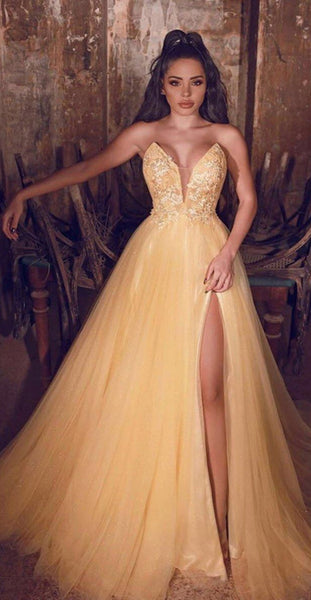 High Side Slit Tulle 2020 Prom Dresses, Lace Strapless Long Prom Dresses