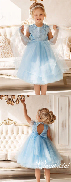 Lovely Cap Sleeves Pale Blue Tulle Appliques Flower Girl Dresses