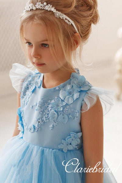 Lovely Cap Sleeves Pale Blue Tulle Appliques Flower Girl Dresses