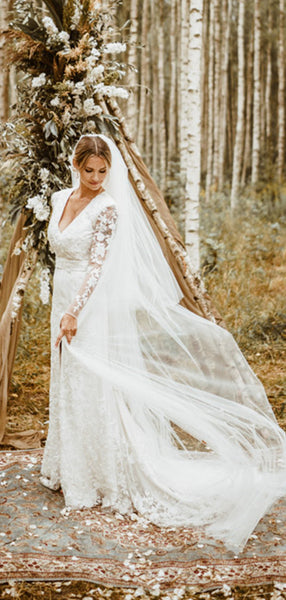 Long Sleeves Popular Lace Wedding Dresses, High Slit Lace Elegant Wedding Dresses