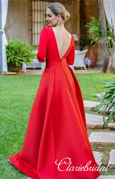 V-neck 3/4 Sleeves Red Satin Prom Dresses, Unique Long Prom Dresses, Chic Prom Dresses
