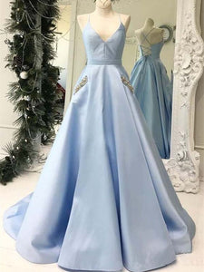 Light Blue V-neck Prom Dresses, A-line Prom Dresses, Beads Prom Dresses