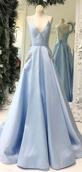 Light Blue V-neck Prom Dresses, A-line Prom Dresses, Beads Prom Dresses
