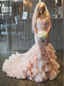 Sweetheart Long Mermaid Blush Pink Wedding Dresses, Organza Wedding Dresses, Lace Up Wedding Dresses