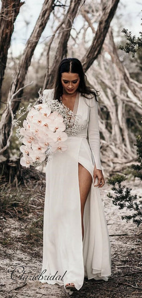 Long Sleeves Chiffon Wedding Dresses, Simple V-neck Wedding Dresses