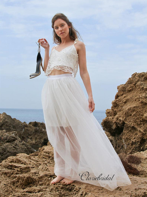 Two Pieces Wedding Dresses, Spaghetti Straps Beaded 2020 Wedding Dresses