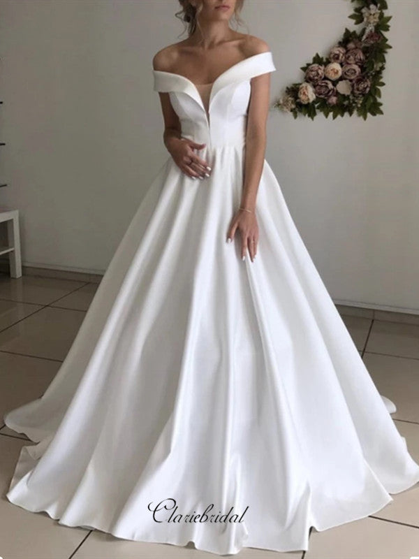 Simple Off Shoulder Wedding Dresses, Cheap A-line Wedding Dresses