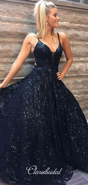 V-neck Sequins Long Prom Dresses, School Graduation Party Prom Dresses